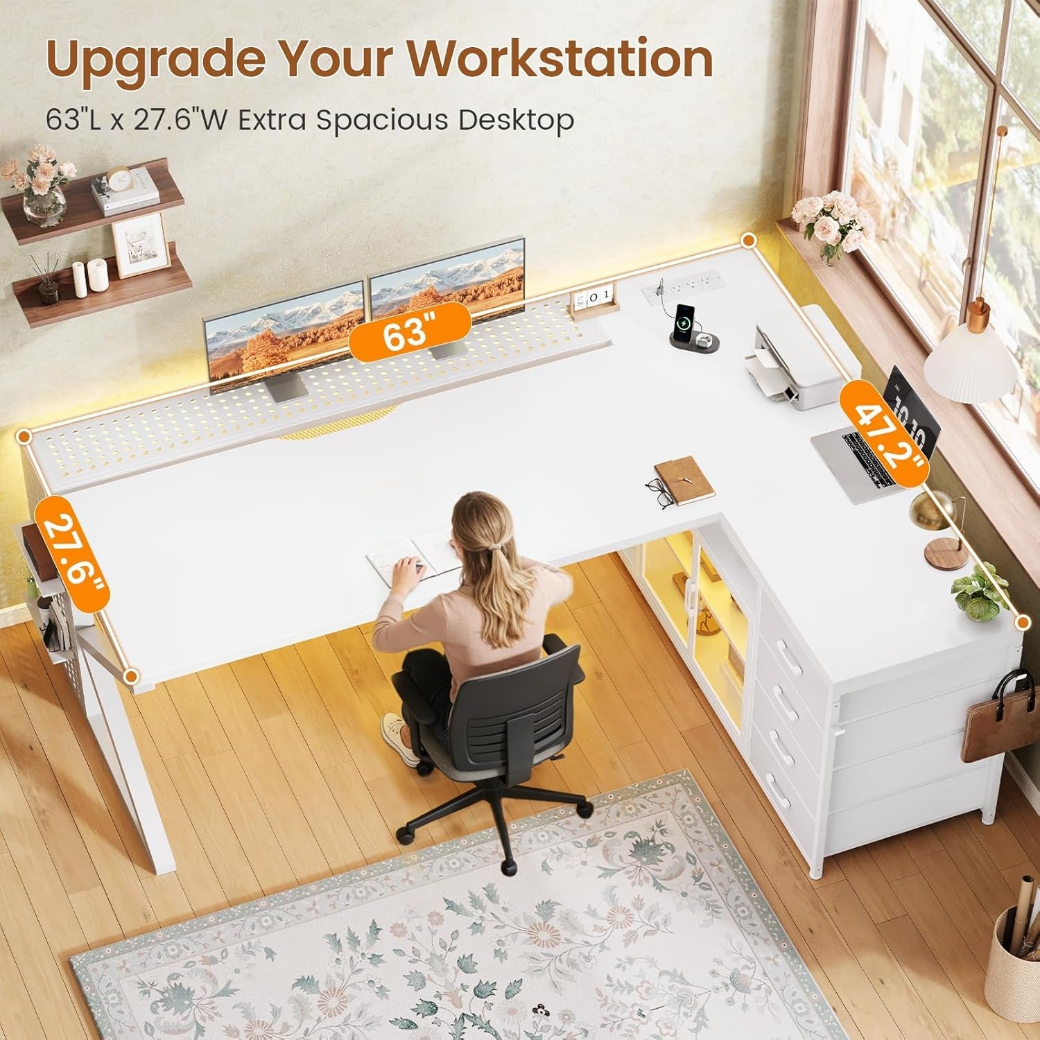 Sixty Three Inch L Shaped Ivory White Gaming Desk Pro
