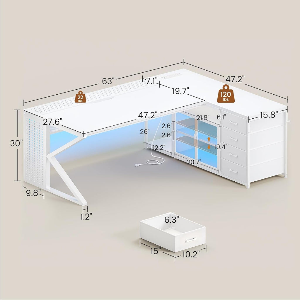 Sixty Three Inch L Shaped Ivory White Gaming Desk Pro