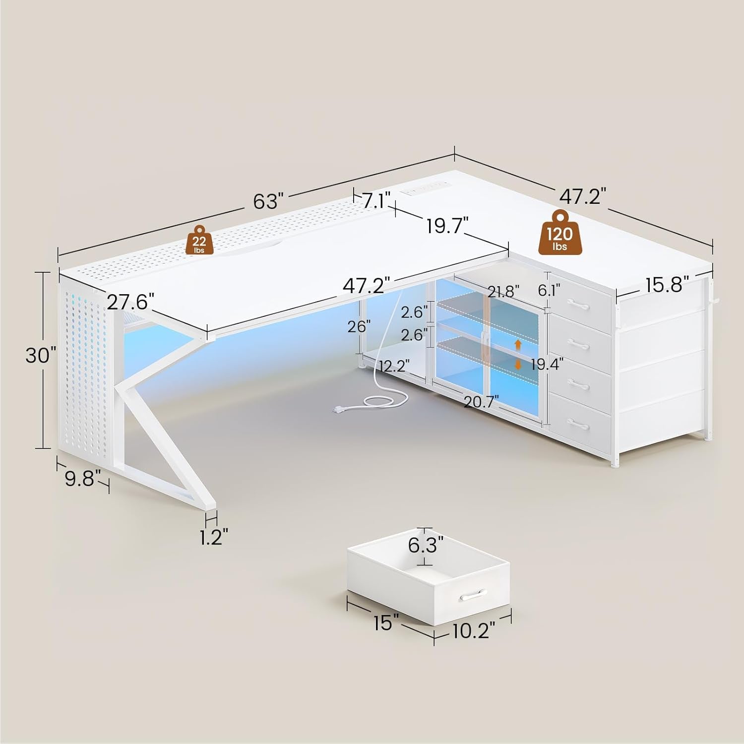 Sixty Three Inch L Shaped Ivory White Gaming Desk Pro